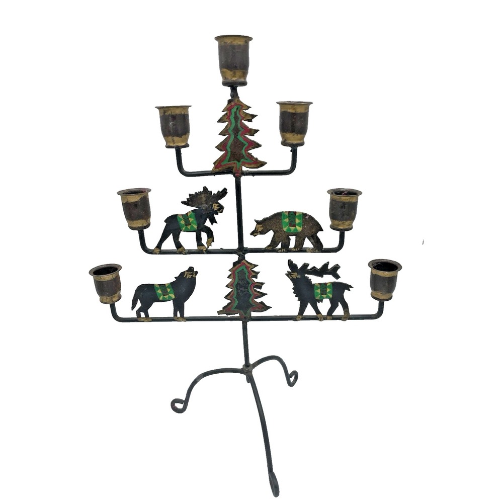 Vtg Handpainted Rustic Cabin Folk Art 7 Taper Candelabra‎ Wildlife Animals